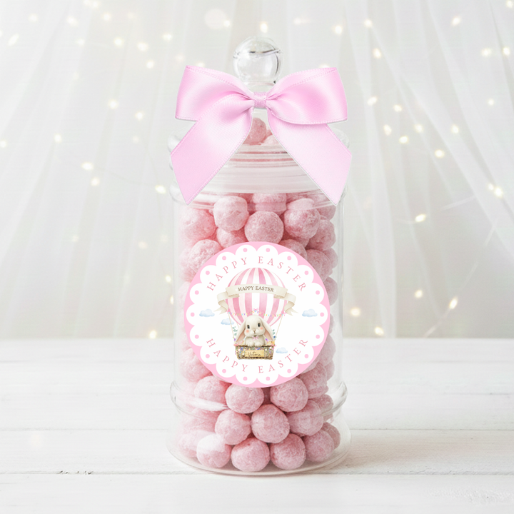 Label Sticker Circle - pack of 5 - pink bunny rabbit hot air balloon easter