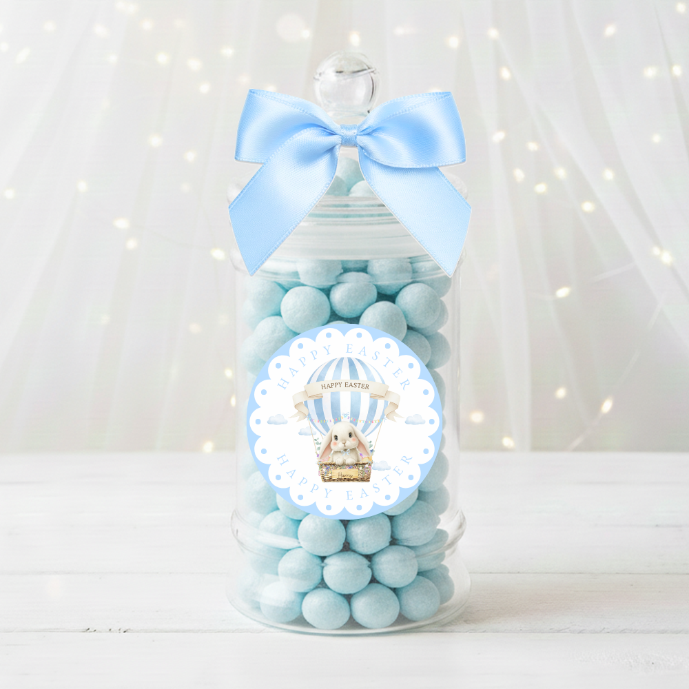 Label Sticker Circle - pack of 5 - blue bunny rabbit hot air balloon easter