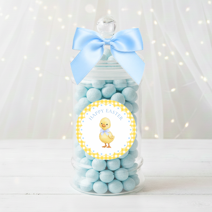 Label Sticker Circle - pack of 5 - yellow chick blue gingham easter