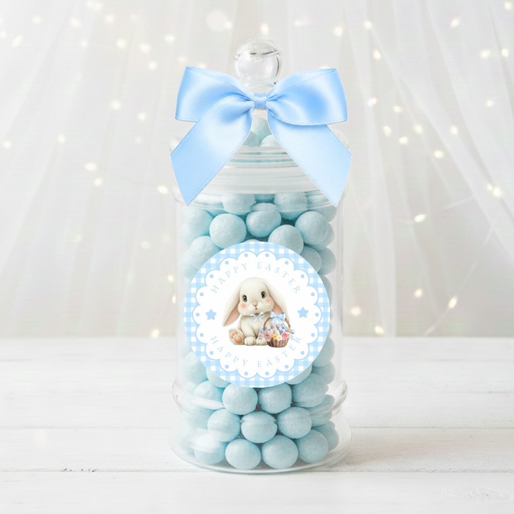 Label Sticker Circle - pack of 5 - bunny blue gingham easter