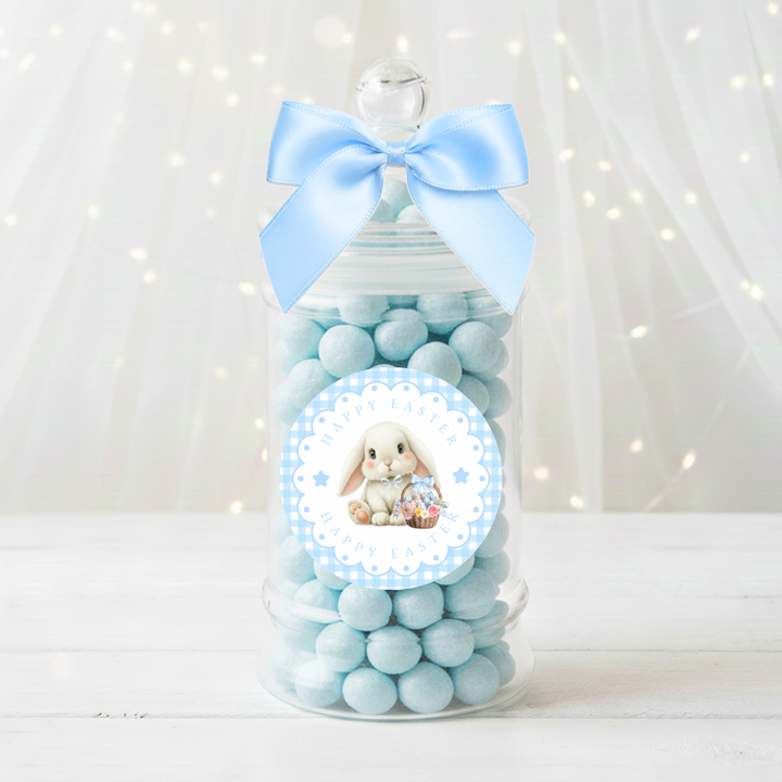 Label Sticker Circle - pack of 5 - bunny blue gingham easter
