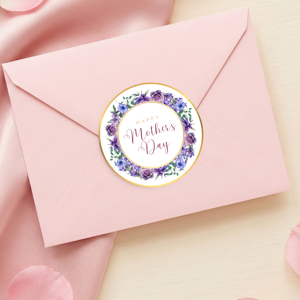 Label Sticker Circle - pack of 5 - Happy mothers day purple flower - Crafty Mood