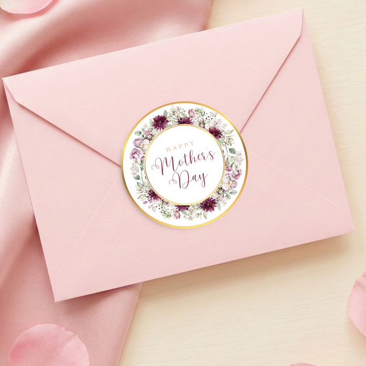 Label Sticker Circle - pack of 5 - Happy mothers day burgundy flower - Crafty Mood