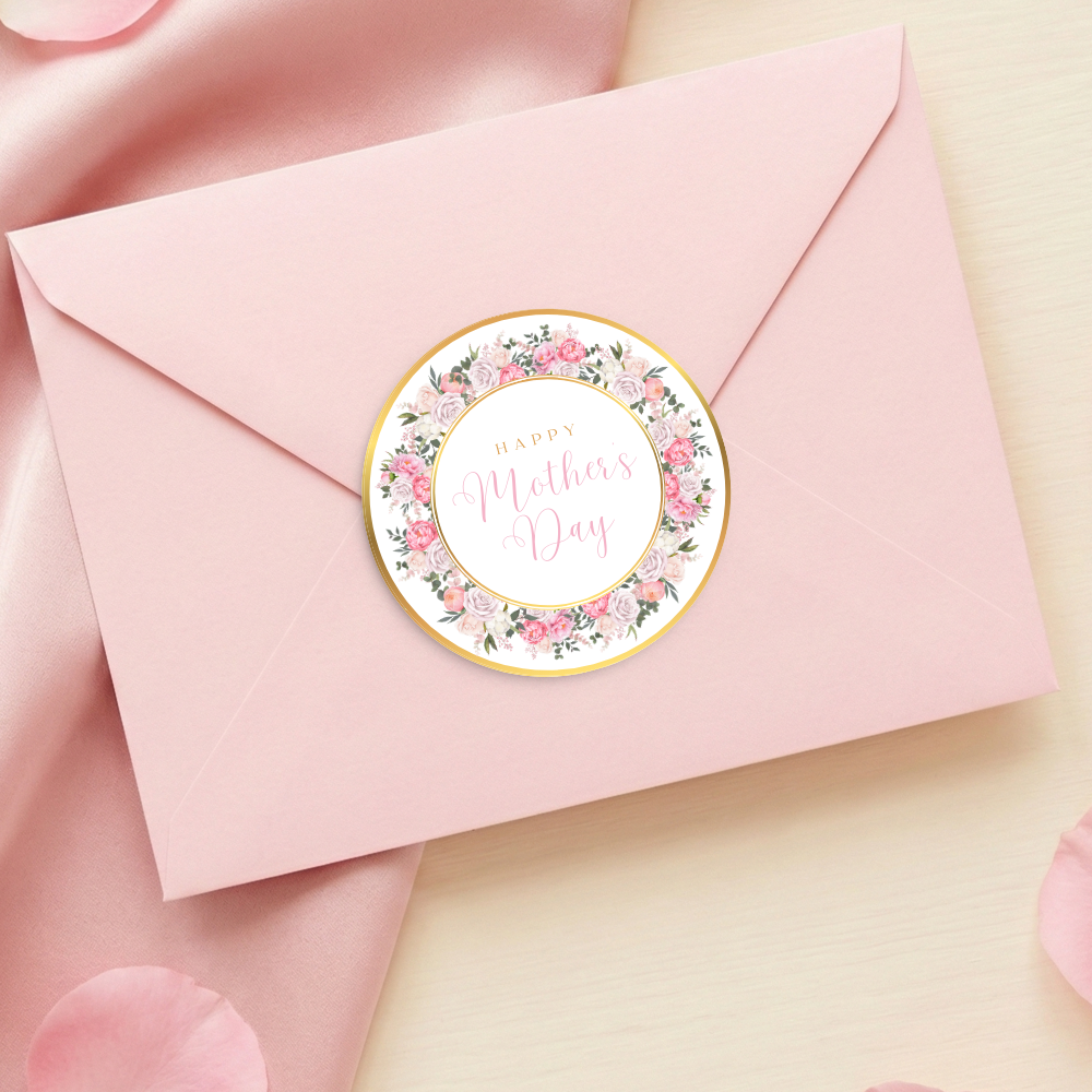 Label Sticker Circle - pack of 5 - Happy mothers day bloom pink pastel rose - Crafty Mood