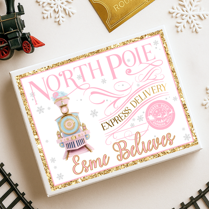 Sticker decal - Pink blue winter princess polar express train for Magnetic topper box