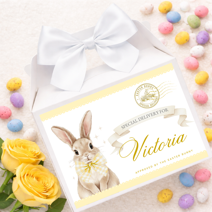 Label Sticker Party treat box - Yellow bunny rabbit easter delivery