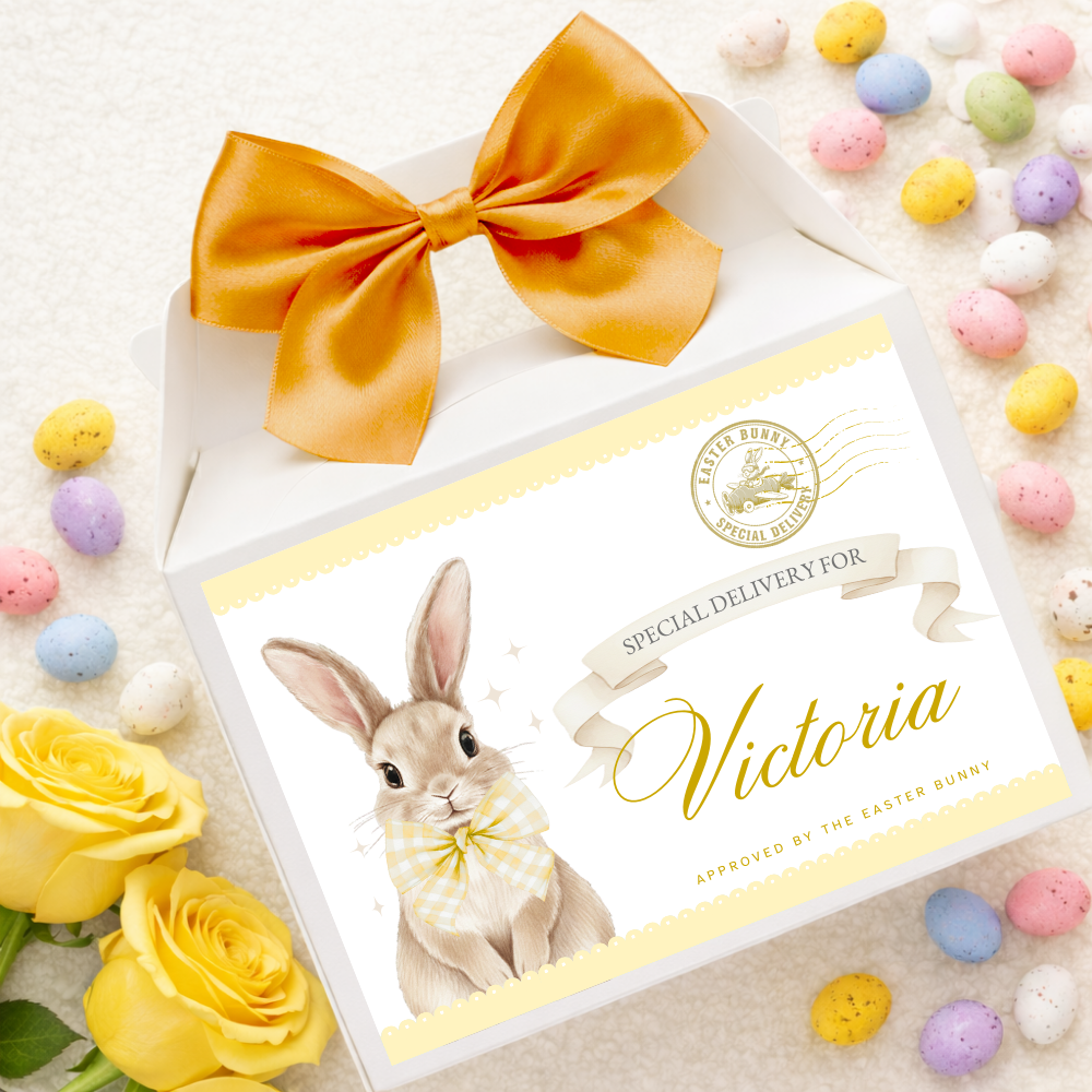 Label Sticker Party treat box - Yellow bunny rabbit easter delivery