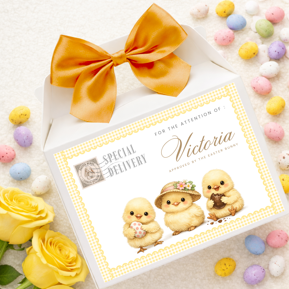 Label Sticker Party treat box - yellow little chick triplet easter delivery