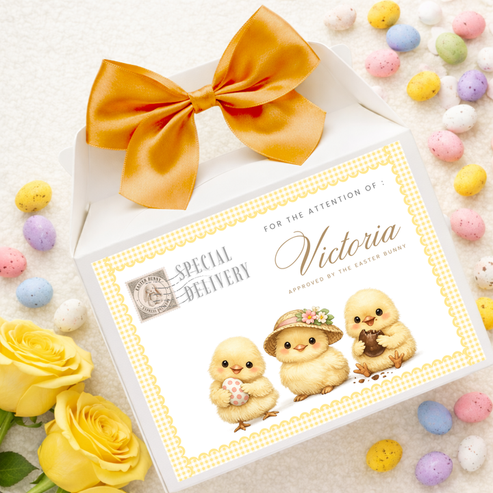 Label Sticker Party treat box - yellow little chick triplet easter delivery