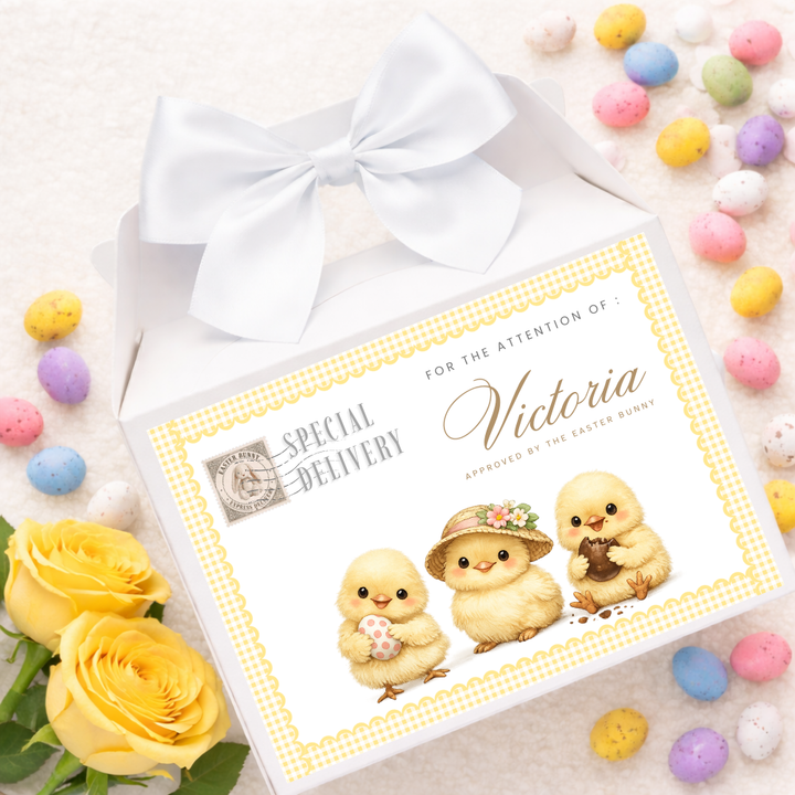 Label Sticker Party treat box - yellow little chick triplet easter delivery