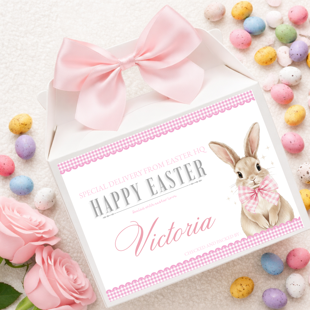 Label Sticker Party treat box - Light pink bunny rabbit gingham easter delivery - Crafty Mood