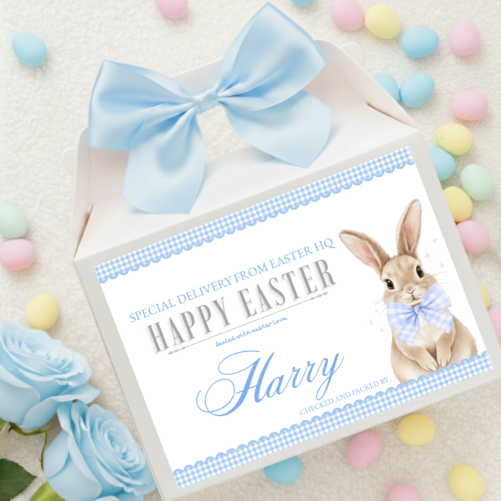 Label Sticker Party treat box - Light blue bunny rabbit gingham easter delivery - Crafty Mood