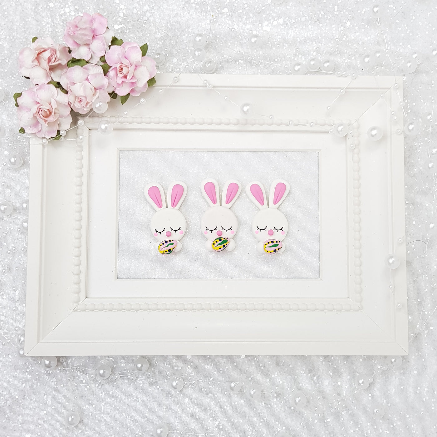 Sleepy white pink bunny - Embellishment Clay Bow Centre - Crafty Mood