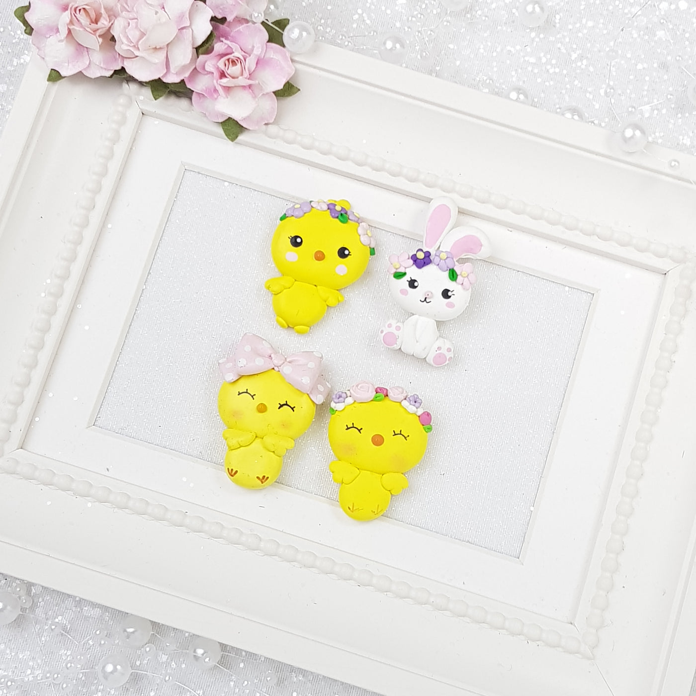 Adorable Easter Chick and Bunny - Handmade Flatback Clay Bow Centre - Crafty Mood