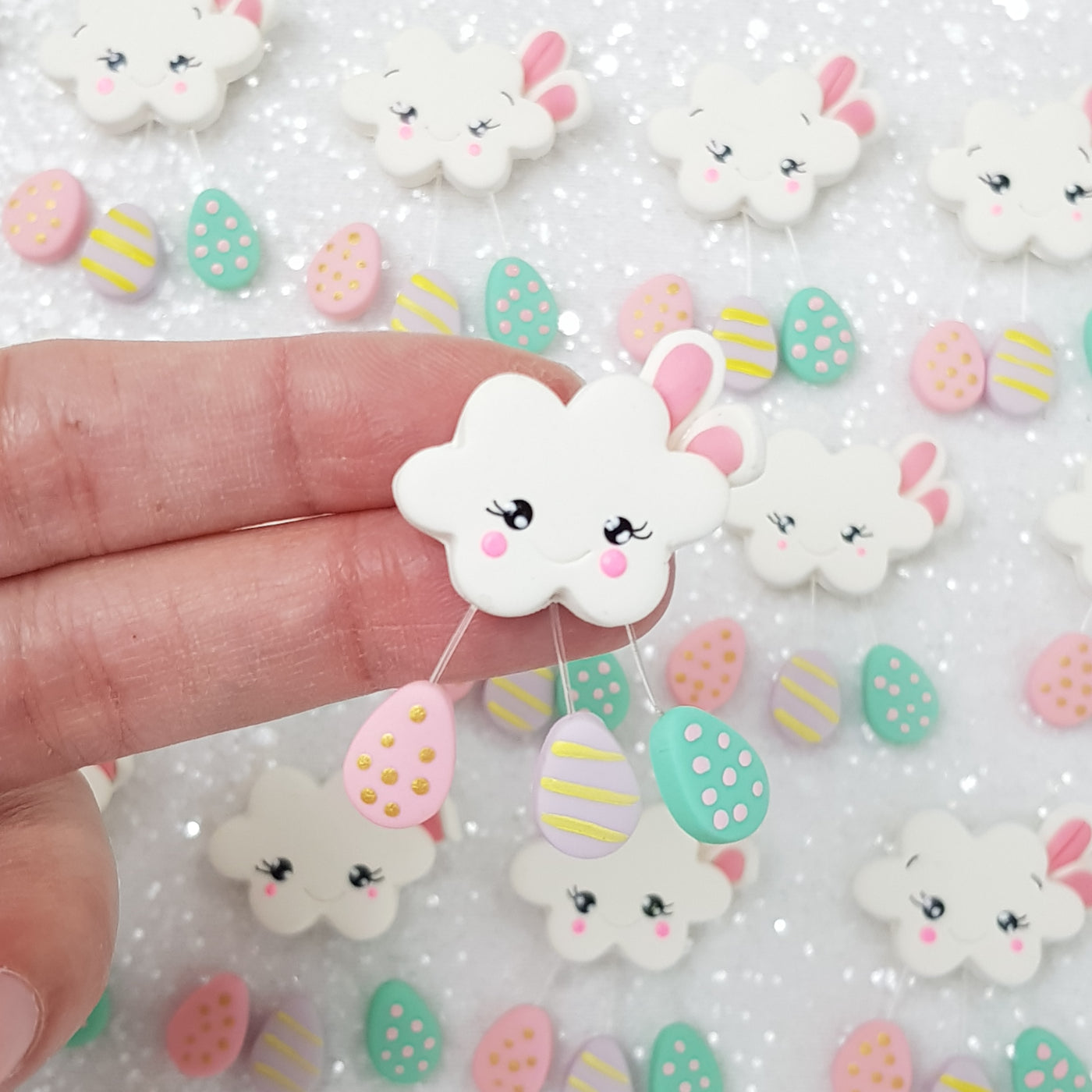 Mini Cute Bunny Easter Clouds pastel - Handmade Flatback Clay Bow Centre - Crafty Mood