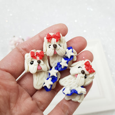 Cute white dogs with bow - Handmade Flatback Clay Bow Centre - Crafty Mood