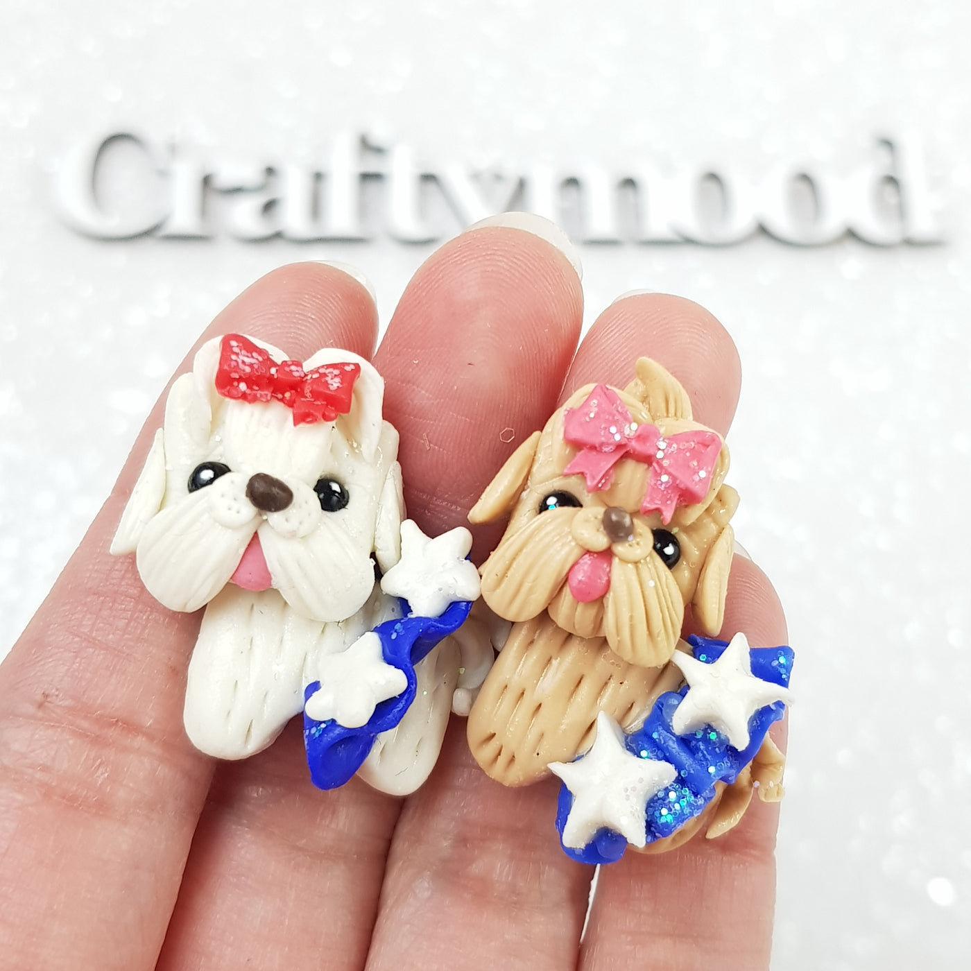 Cute white dogs with bow - Handmade Flatback Clay Bow Centre