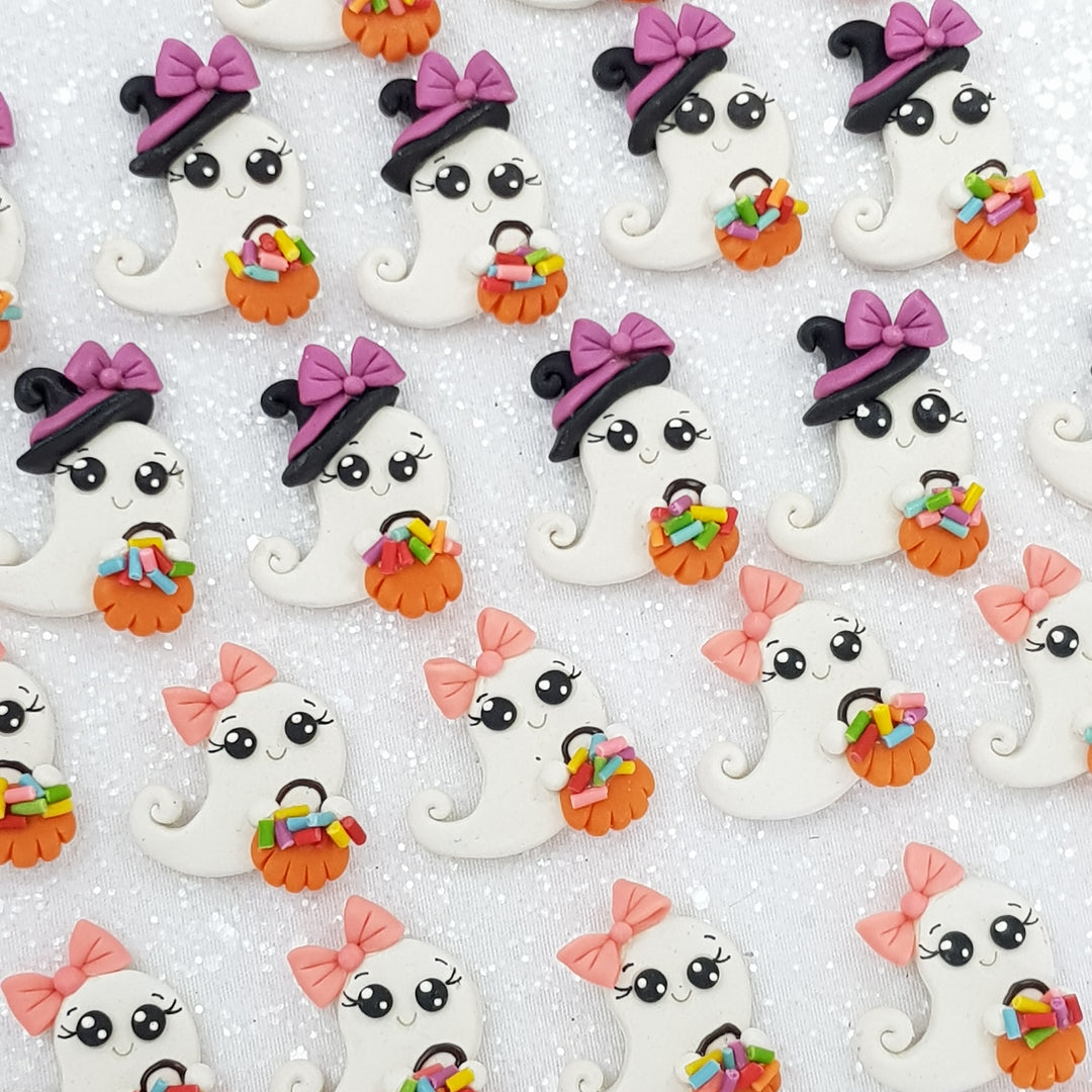 Adorable Halloween Ghosts - Handmade Flatback Clay Bow Centre