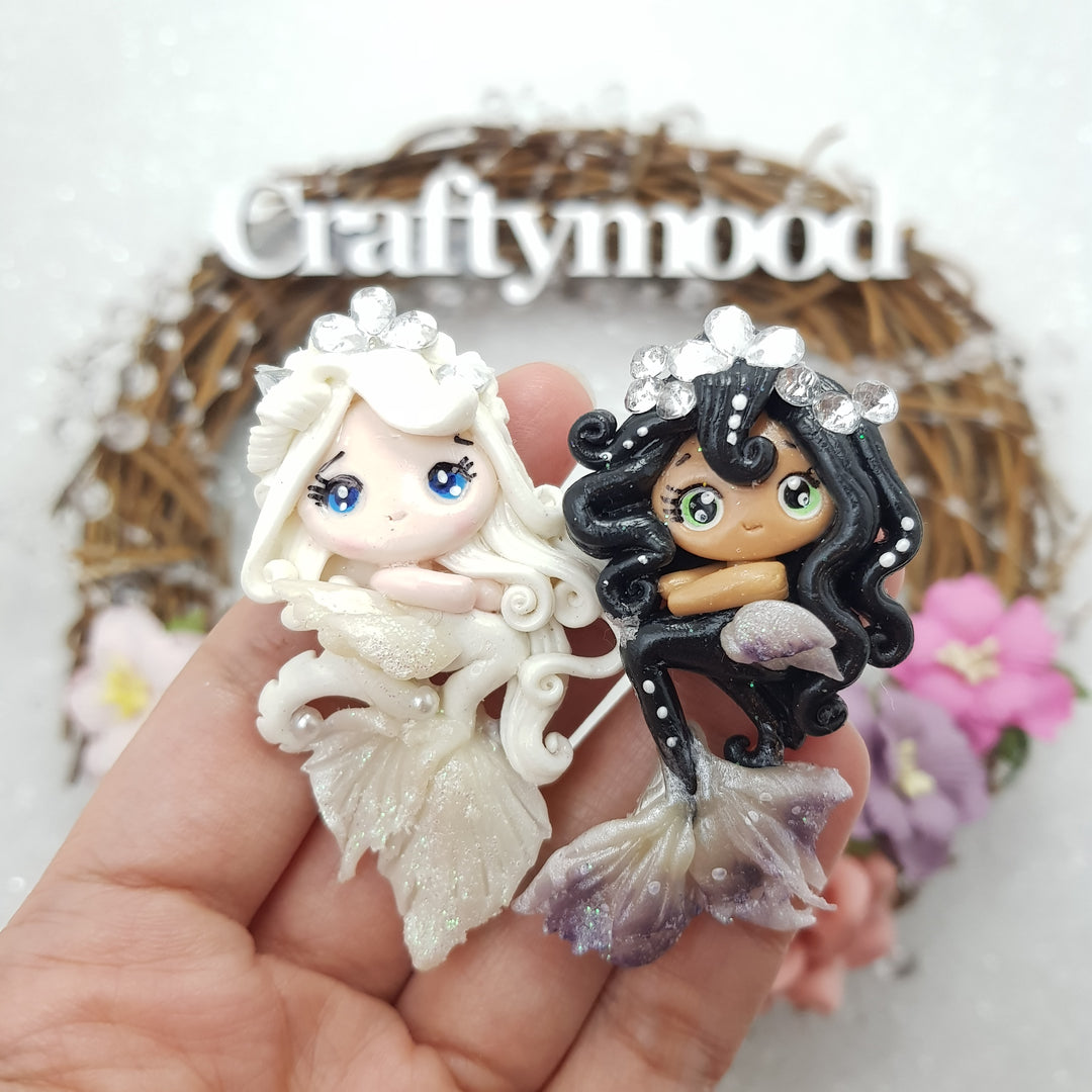 Gorgeous White and Black Mermaid - Handmade Flatback Clay Bow Centre