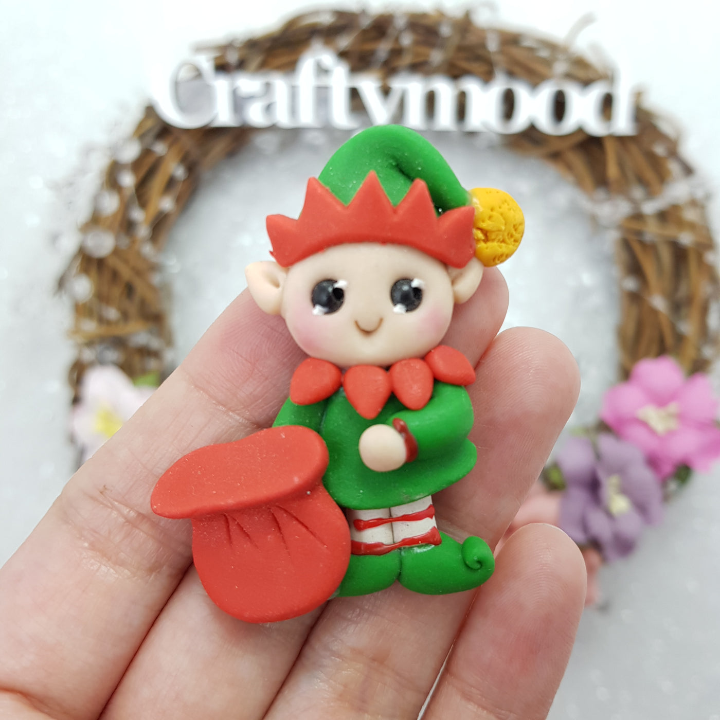 Cute Christmas Elf - Embellishment Clay Bow Centre