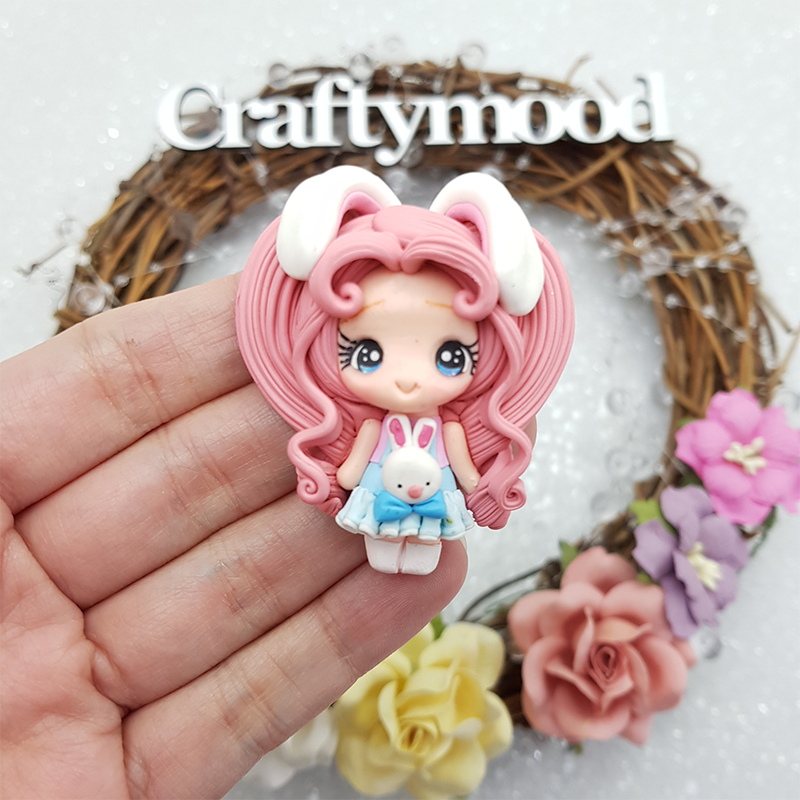 Pink hair bunny girl - Embellishment Clay Bow Centre