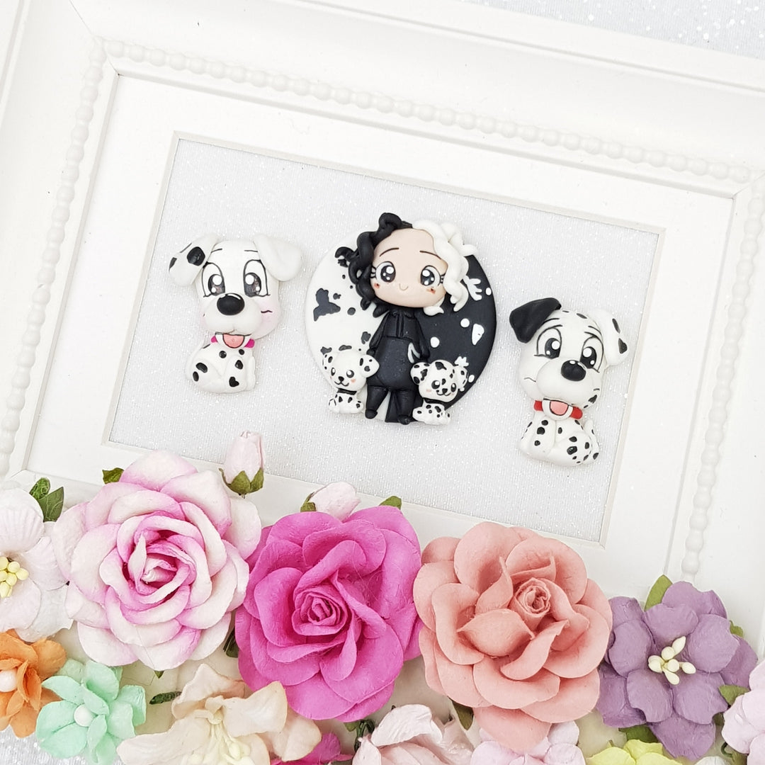 Black & white dogs and villain - Handmade Flatback Clay Bow Centre