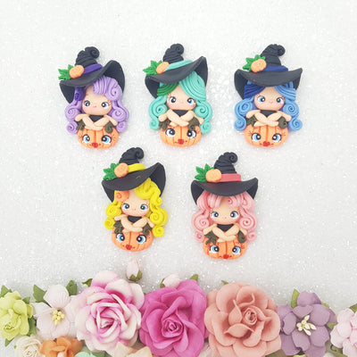 Halloween pumpkin witch - set of 5 - Embellishment Clay Bow Centre