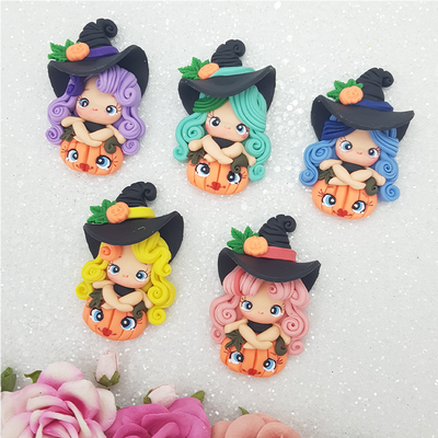 Halloween pumpkin witch - set of 5 - Embellishment Clay Bow Centre