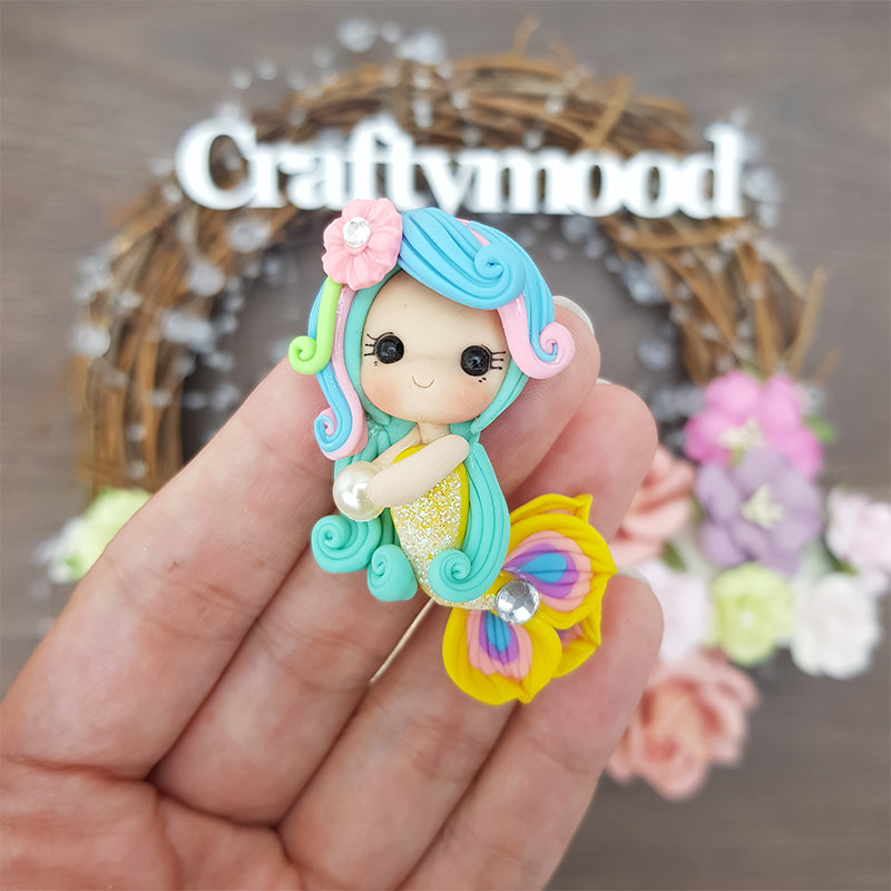 Mint pastel mermaid with pearl - Handmade Flatback Clay Bow Centre