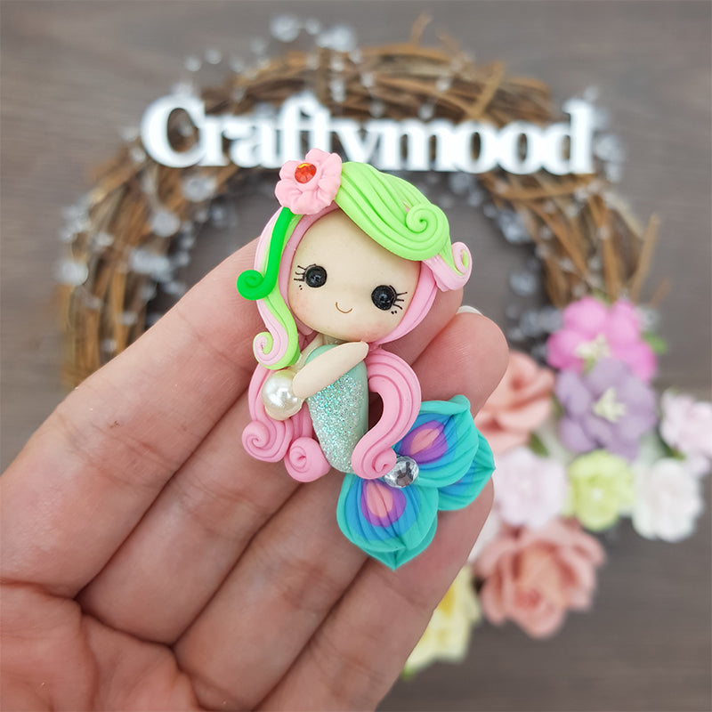 Pink pastel mermaid with pearl - Embellishment Clay Bow Centre