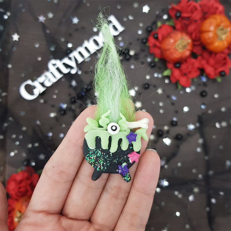 Halloween cauldron - glow in the dark - Handmade Flatback Clay Bow Centre