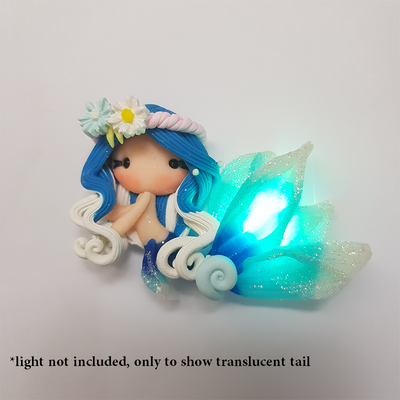 Blue hair beautiful mermaid translucent tail - Handmade Flatback Clay Bow Centre