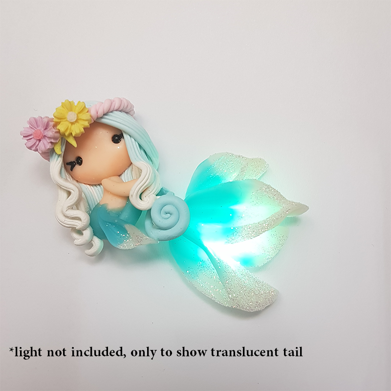 Blue ice beautiful mermaid translucent tail - Handmade Flatback Clay Bow Centre