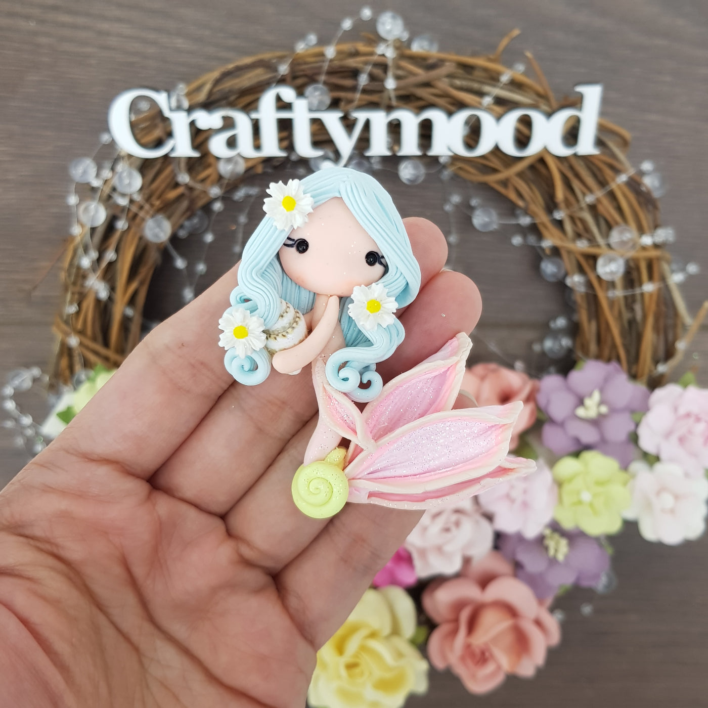 Pink blue beautiful mermaid - Embellishment Clay Bow Centre