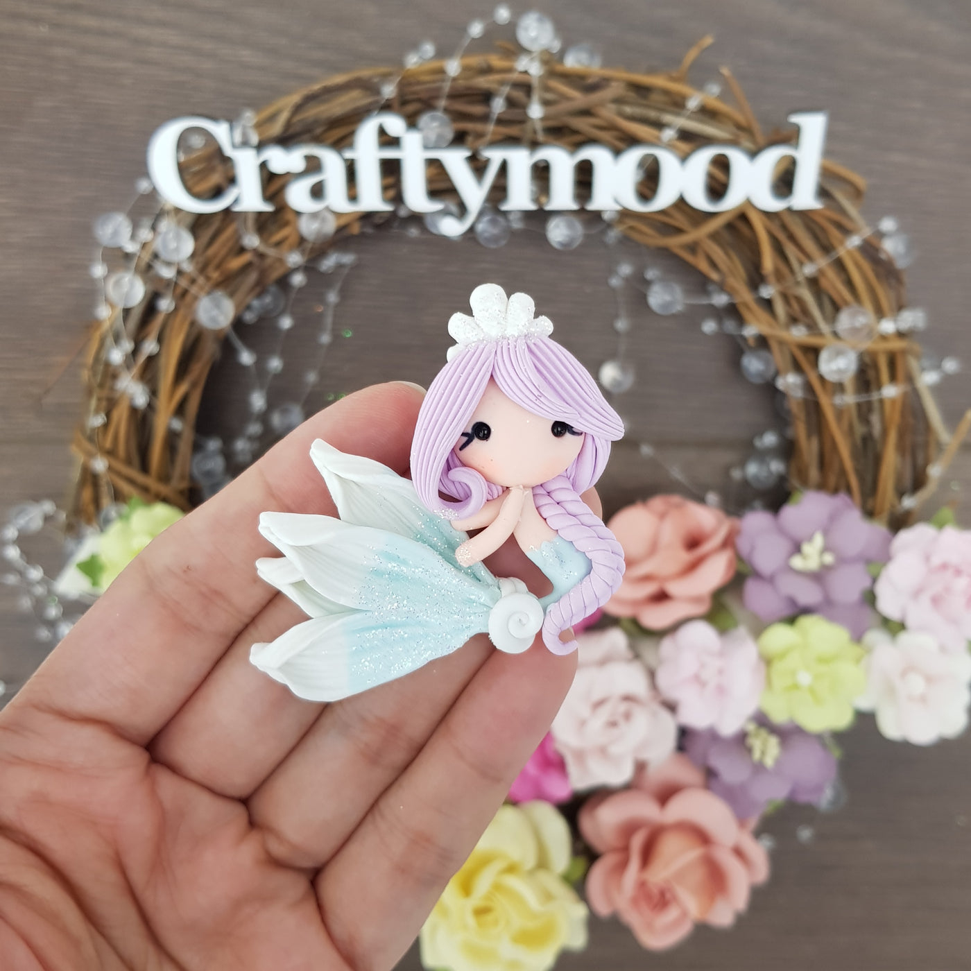 Lilac blue white beautiful mermaid - Embellishment Clay Bow Centre