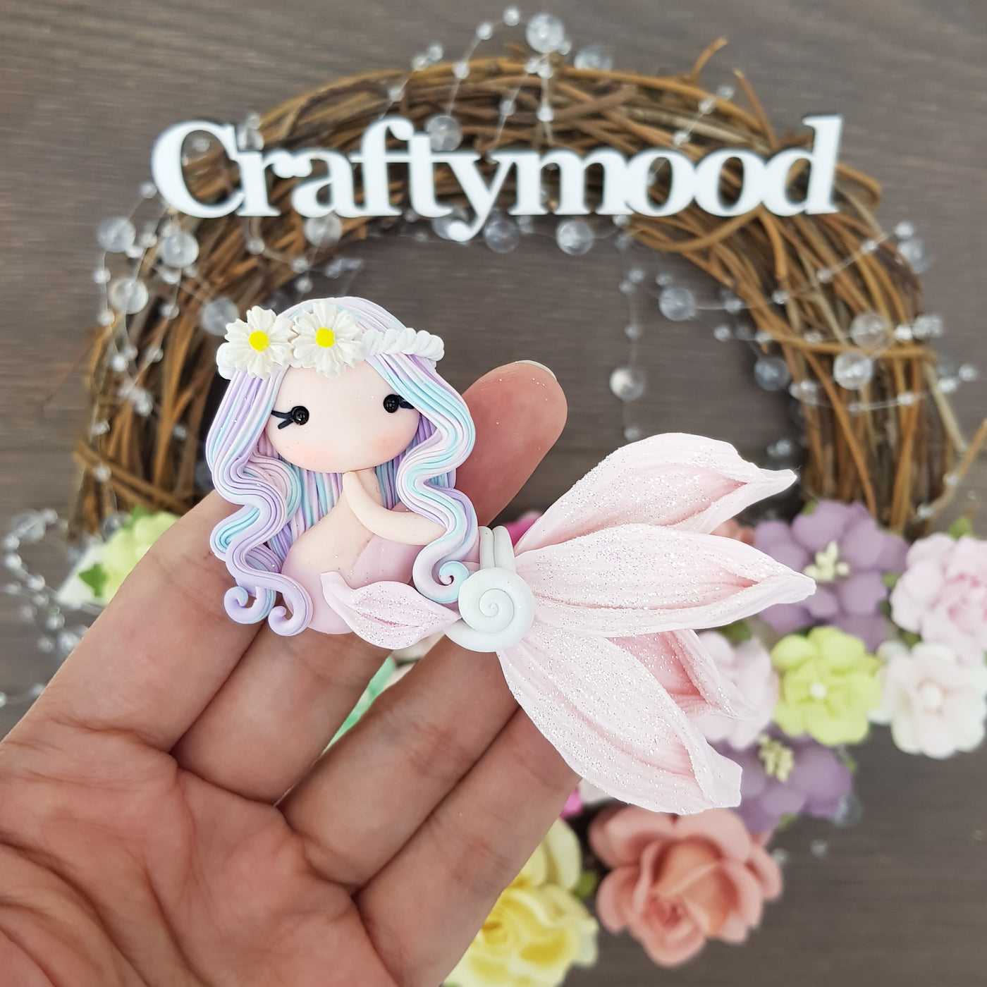 Lilac blue pink beautiful mermaid - Embellishment Clay Bow Centre