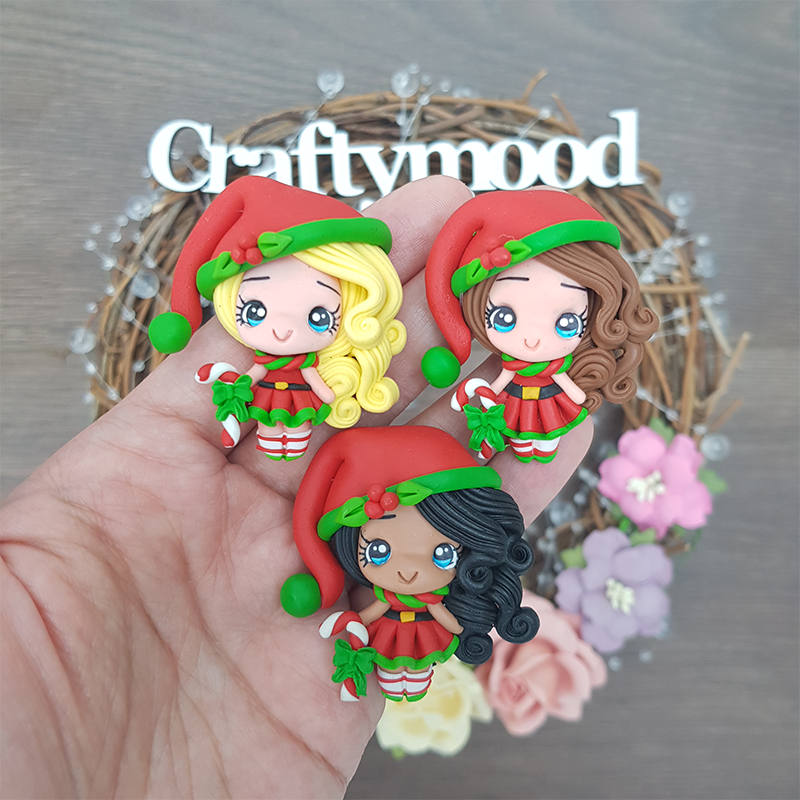 Red hat Christmas girls - Handmade Flatback Clay Bow Centre