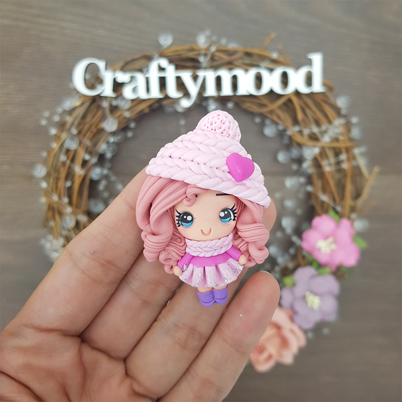 Pink beanie Christmas girl - Embellishment Clay Bow Centre