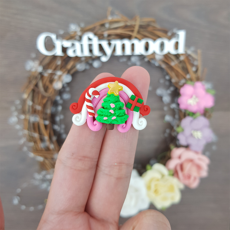 Christmas tree and rainbow - Handmade Flatback Clay Bow Centre