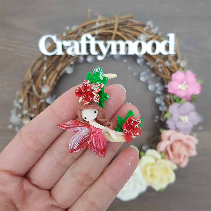 Red flower moon fairy - Handmade Flatback Clay Bow Centre