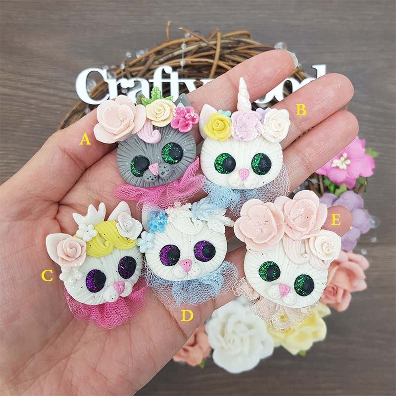 Cat heads with flowers - Handmade Flatback Clay Bow Centre