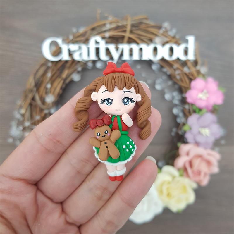 Christmas girl with gingerbread - Handmade Flatback Clay Bow Centre