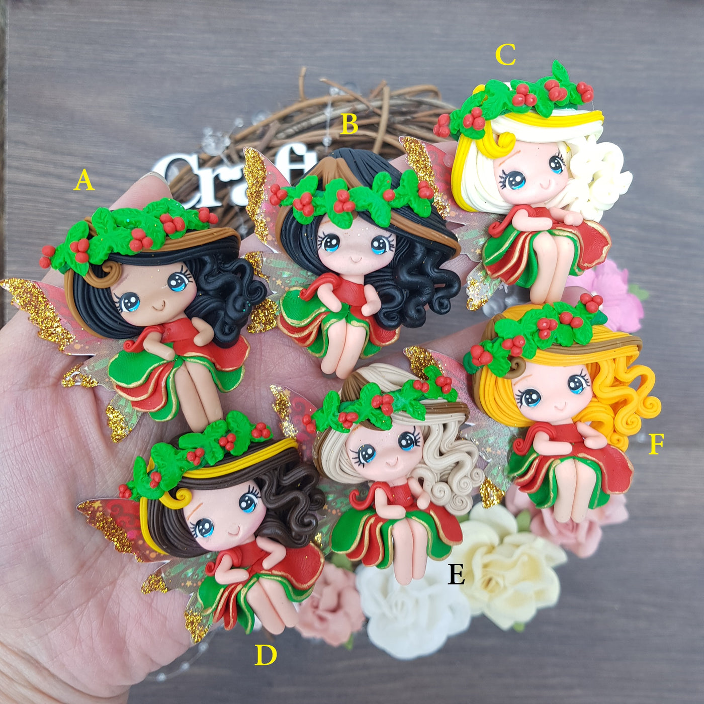 Christmas fairies with mistletoe - Handmade Flatback Clay Bow Centre