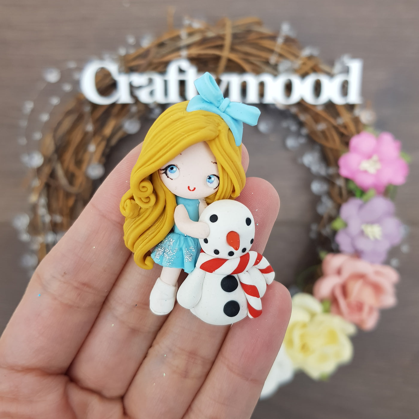 Limited Winter snow girl - Handmade Flatback Clay Bow Centre