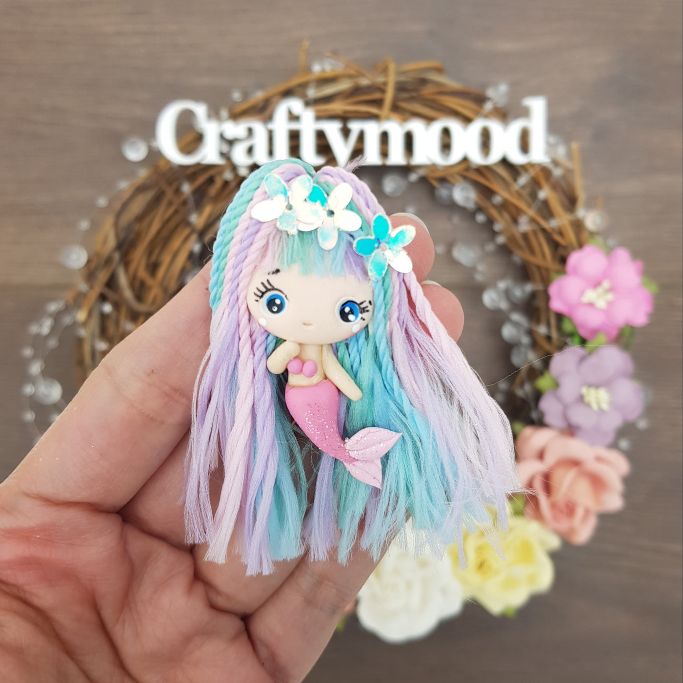 Rainbow mermaid with hair - Handmade Flatback Clay Bow Centre