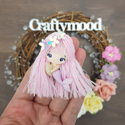 Pink mermaid with hair - Handmade Flatback Clay Bow Centre