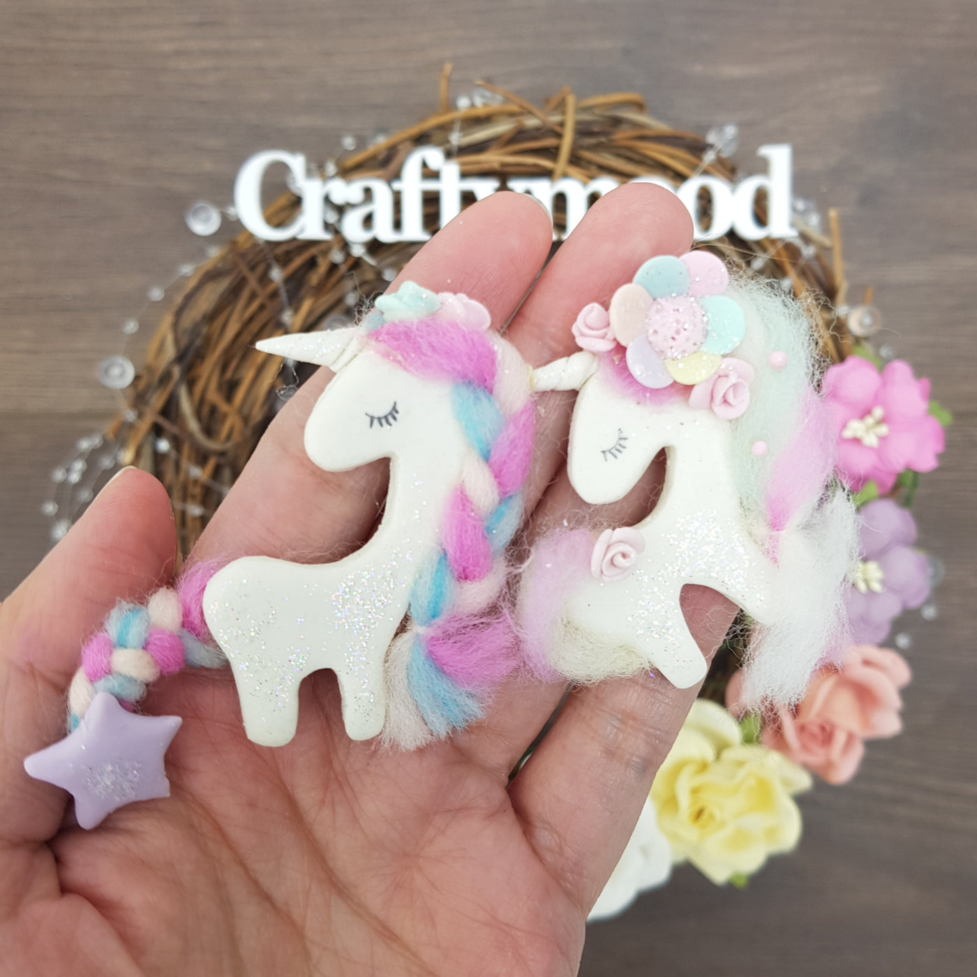 Fluffy hair unicorn - Handmade Flatback Clay Bow Centre