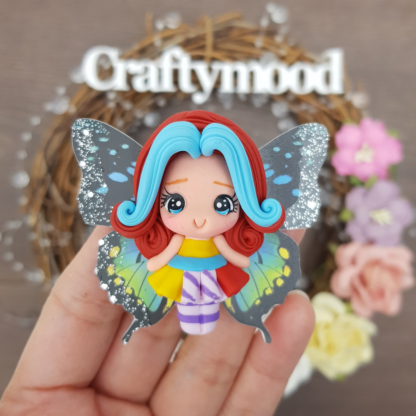 Black wing Fairy- Handmade Flatback Clay Bow Centre