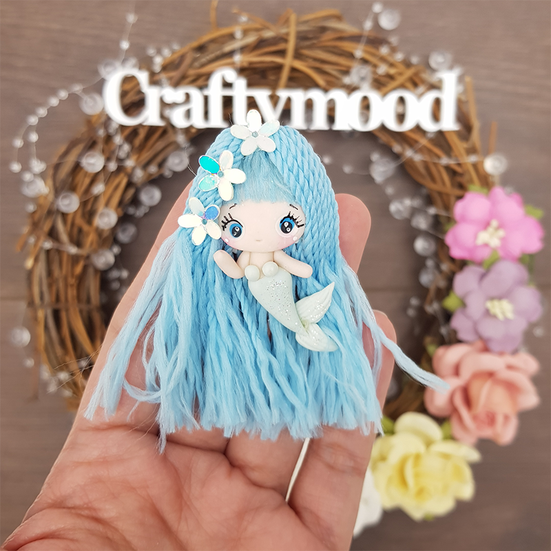 Cute blue hair mermaid - Embellishment Clay Bow Centre