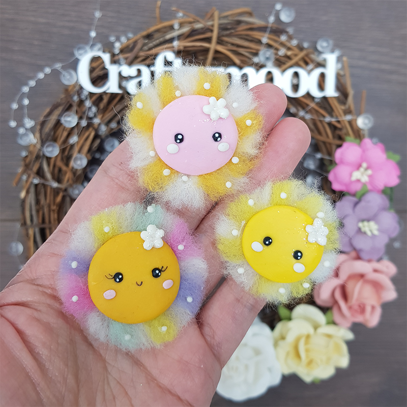 Cute fluffy sun - Handmade Flatback Clay Bow Centre